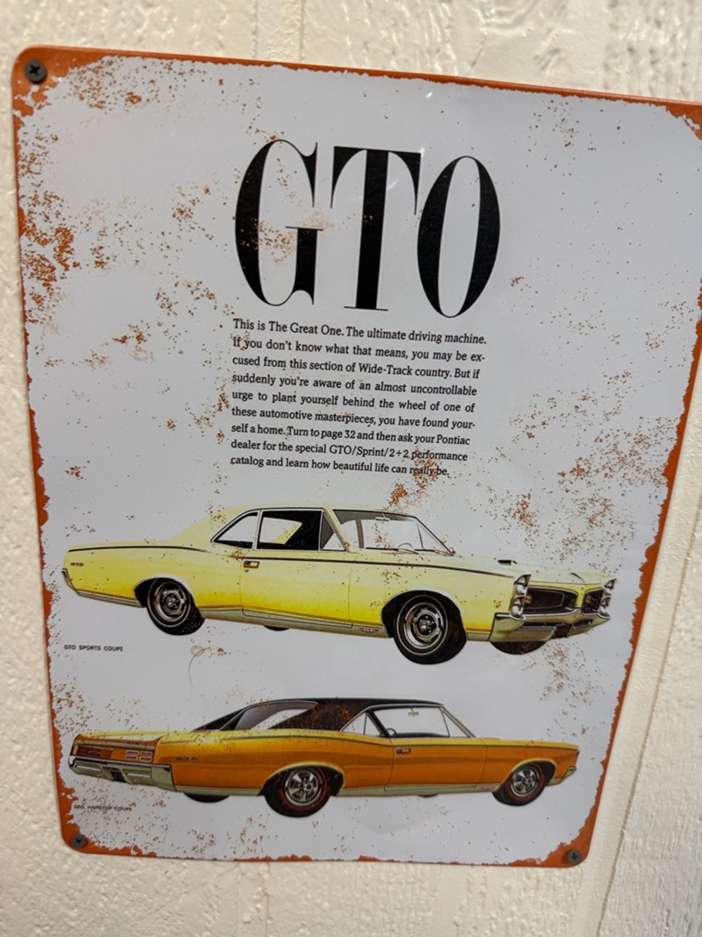 GTO Vintage Metal Sign - Yellow & Orange Muscle Cars